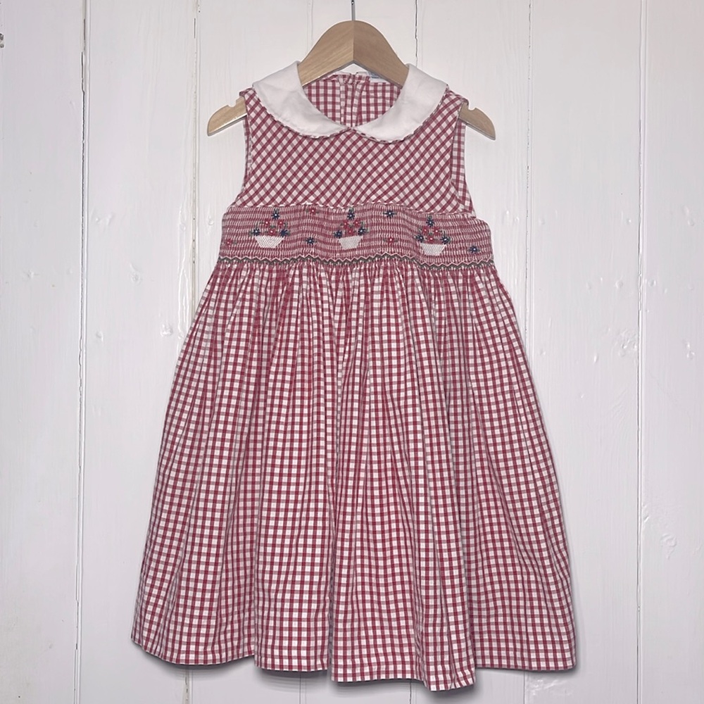 FRIEDKNIT CREATIONS EUC 100% Cotton Smocked Flower Pot Peter Pan Collar Dress